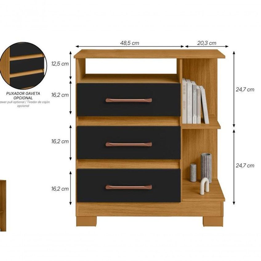 Cômoda 720 3 Gavetas MDP Puxador PVC Carvalho Eco e Preto Incorplac Móveis - imagem 3