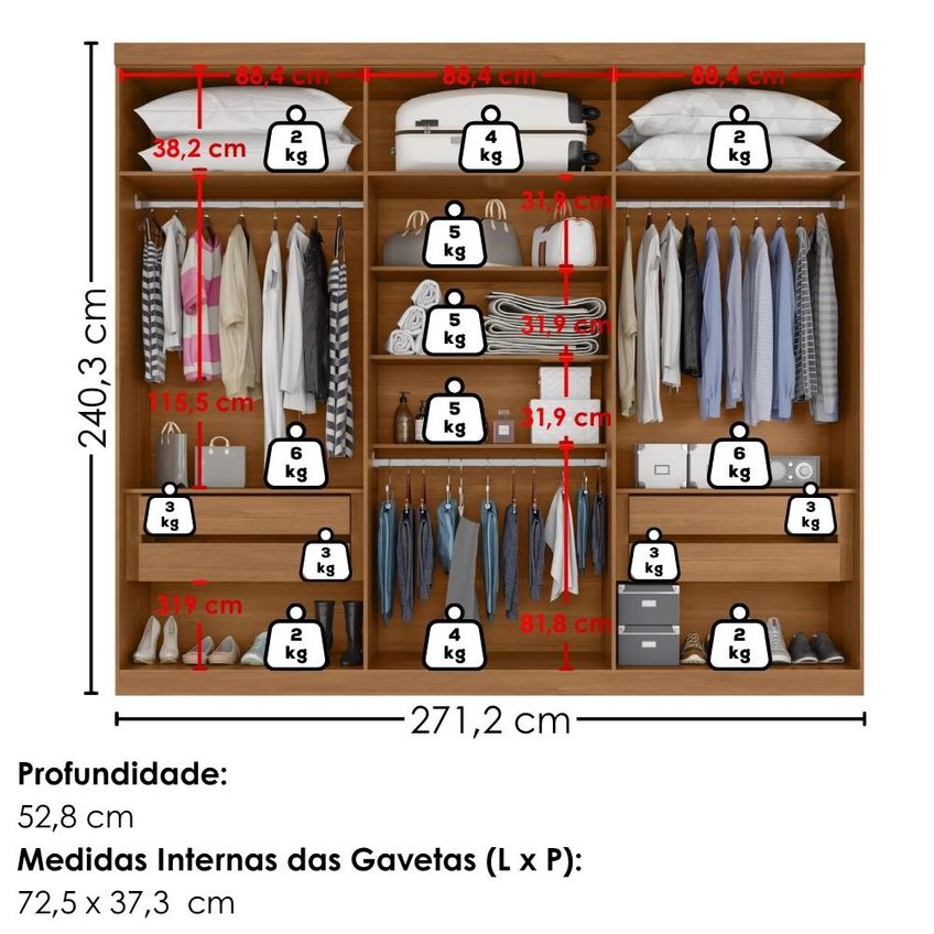 Guarda Roupa Casal 6 Portas Com Espelho Monumento 272 Cm Cinamomo Areia Zanz - imagem 3