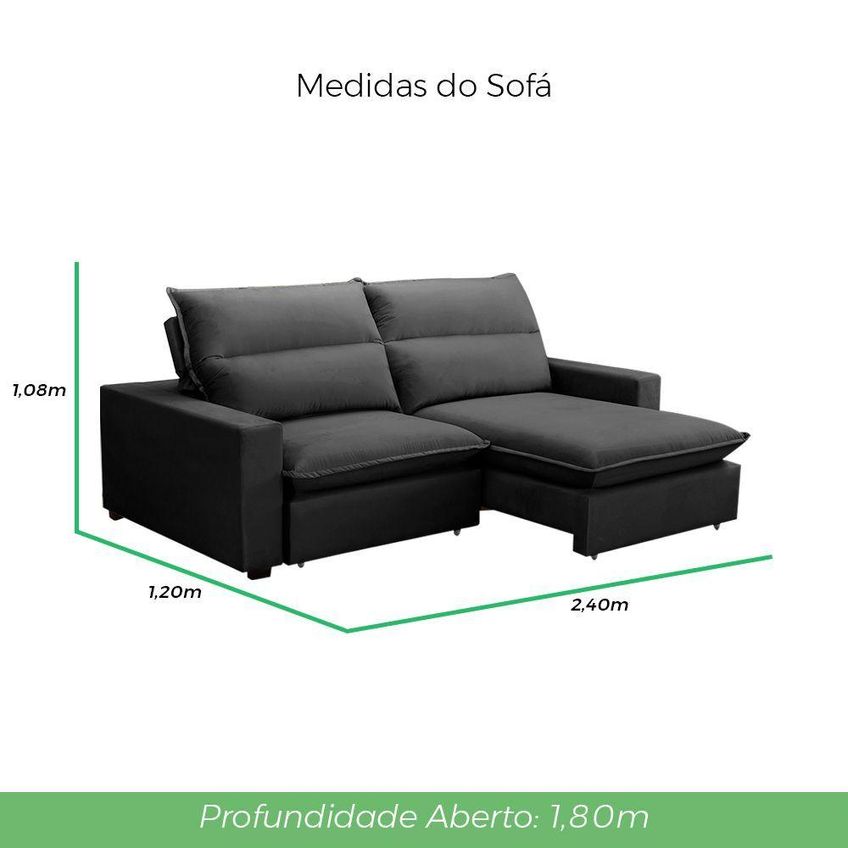 Sofá Com Chaise Andreza 2 Lugares Retrátil E Reclinável 240cm Grafite Lansof Brasil - imagem 4