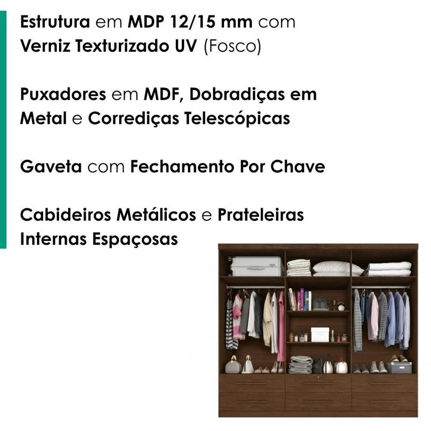Guarda Roupa Casal Mari 6 Portas Com Espelho 3 Gavetas MDP Jacaranda Milani Moveleira 230cm - imagem 3