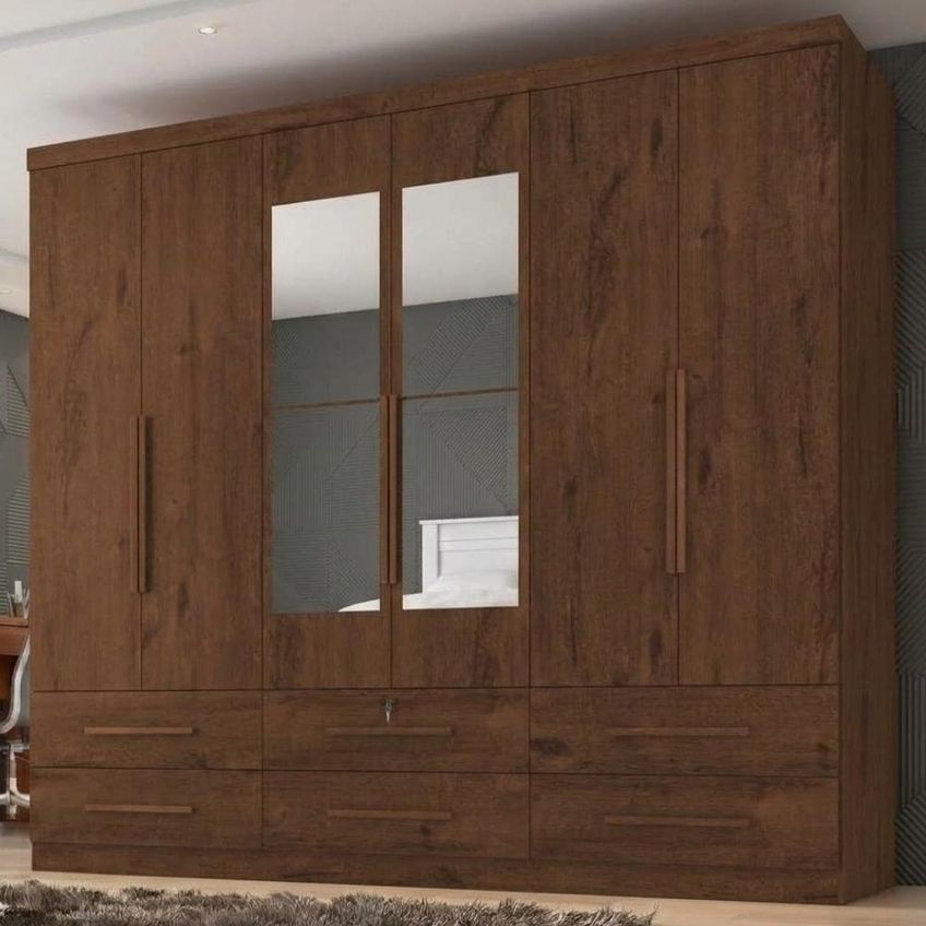 Guarda Roupa Casal Mari 6 Portas Com Espelho 3 Gavetas MDP Jacaranda Milani Moveleira 230cm - imagem 5