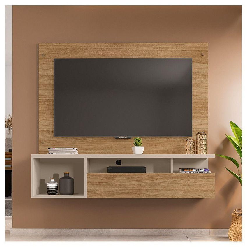 Painel Para TV Com Bancada Buriti Off White Para Até 55 Polegadas MDP Preto Caemmun Móveis - imagem 4