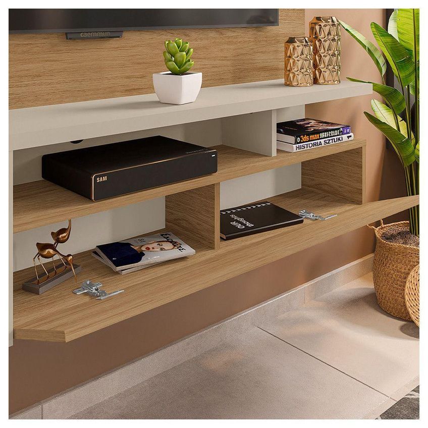 Painel Para TV Com Bancada Buriti Off White Para Até 55 Polegadas MDP Preto Caemmun Móveis - imagem 5