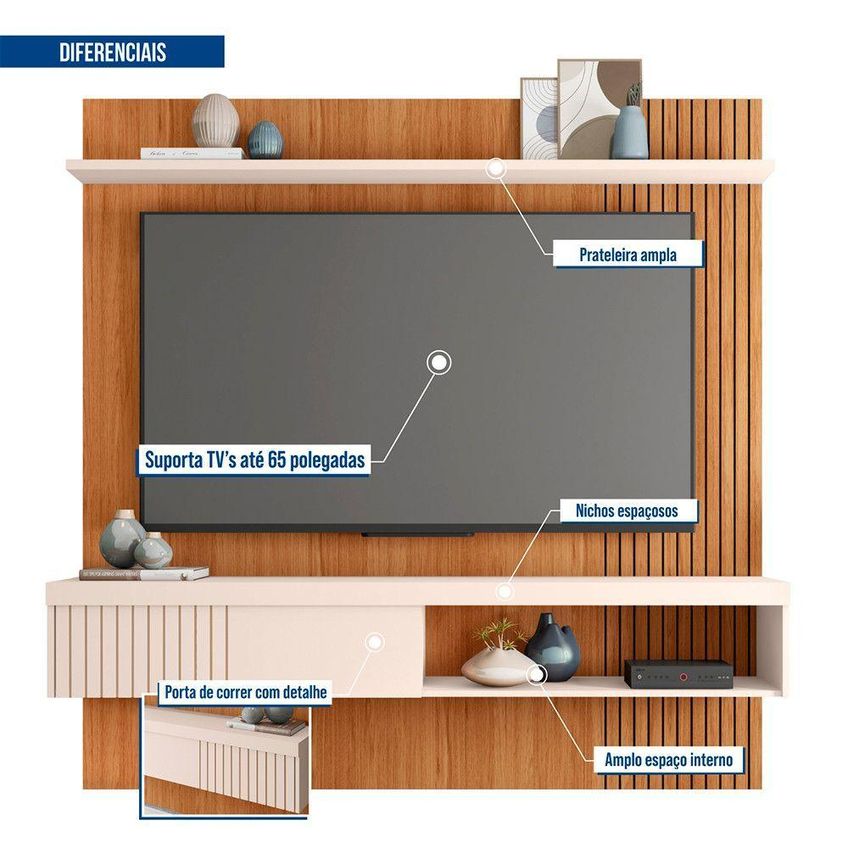 Painel Para TV Até 65 Polegadas Jade 1.8 180cm MDF MDP Freijó Off White Caemmun Móveis - imagem 5