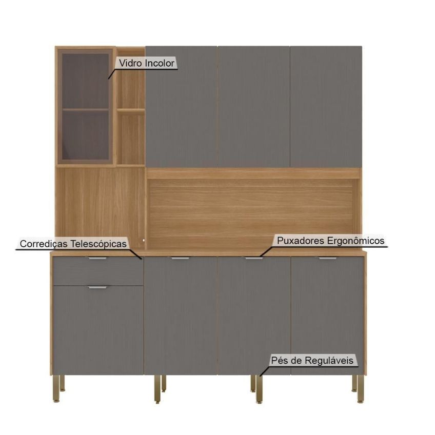 Armário De Cozinha Nature 8 Portas 1 Gaveta MDF 194cm Kit's Paraná - imagem 4
