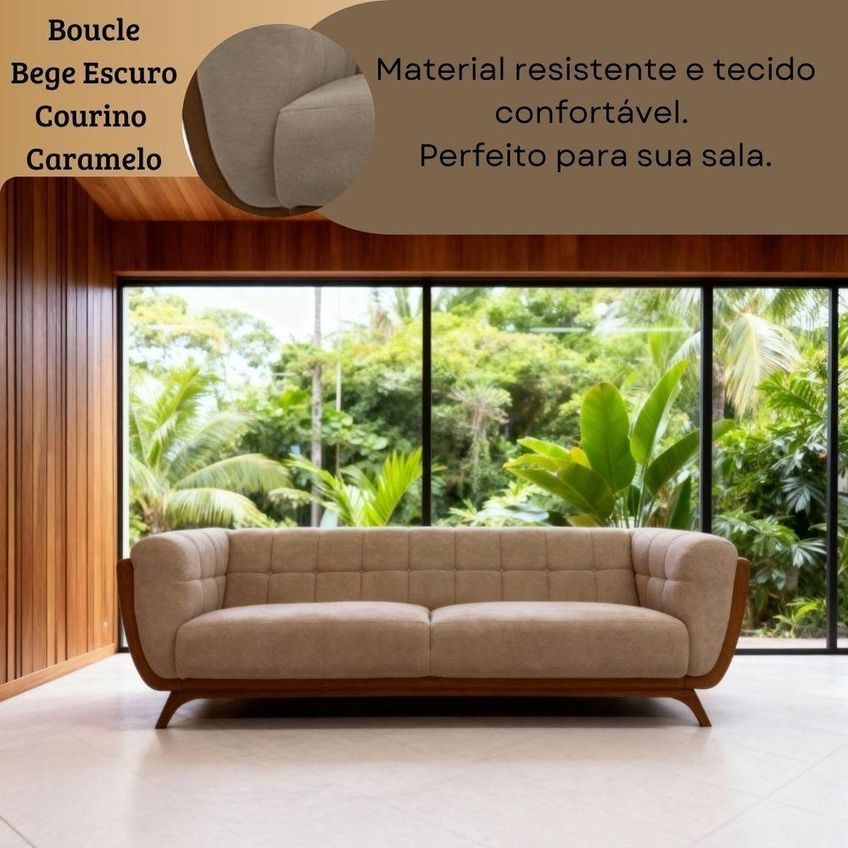 Sofá Madri 3 Lugares 240cm Bege Bouclê Corino Sala Clínica Premium Divani - imagem 4