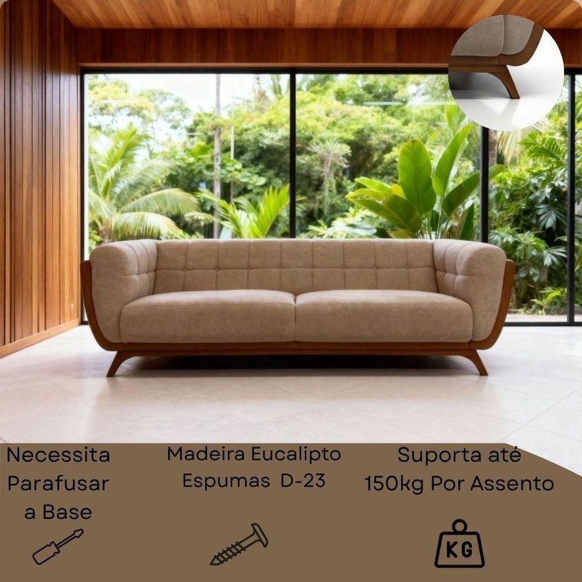 Sofá Madri 3 Lugares 240cm Bege Bouclê Corino Sala Clínica Premium Divani - imagem 5