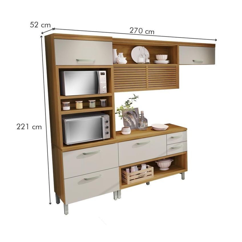 Cozinha Completa Princesa 5 Módulos MDF 270cm Freijó e Off White Nesher Móveis - imagem 3