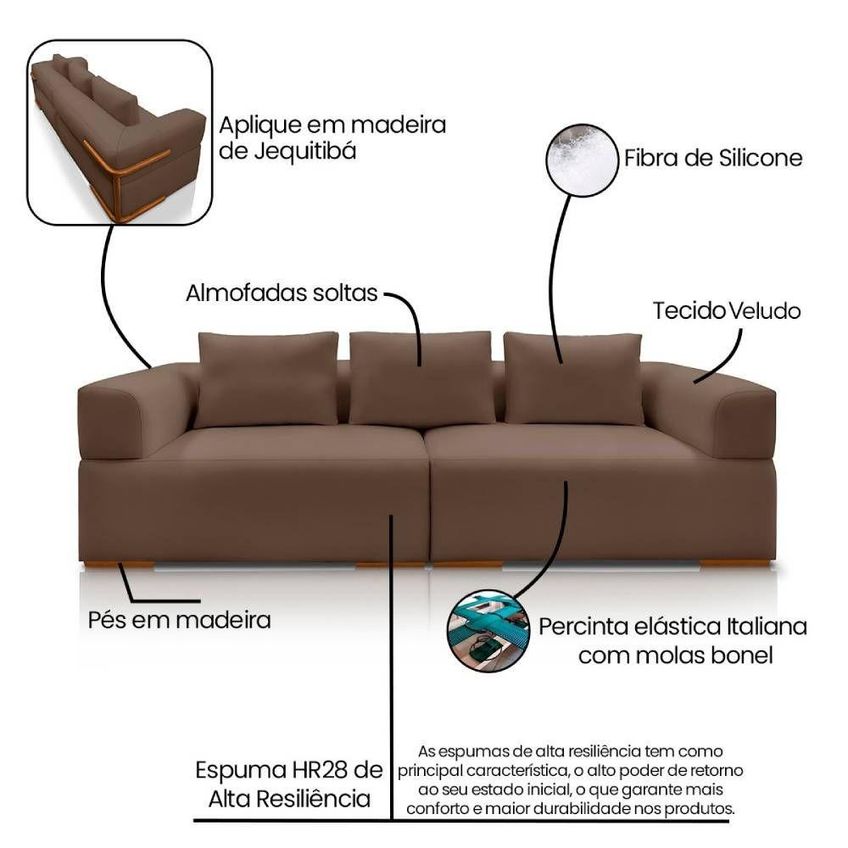 Sofá Scott 3 Lugares 220cm Marrom Veludo Com Aplique Em Madeira Lucadi Home - imagem 4