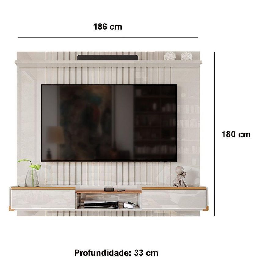 Rack Bancada Com Painel Para TV Até 70" 186cm MDF-MDP Off White E Jequitibá Lukaliam Móveis - imagem 3