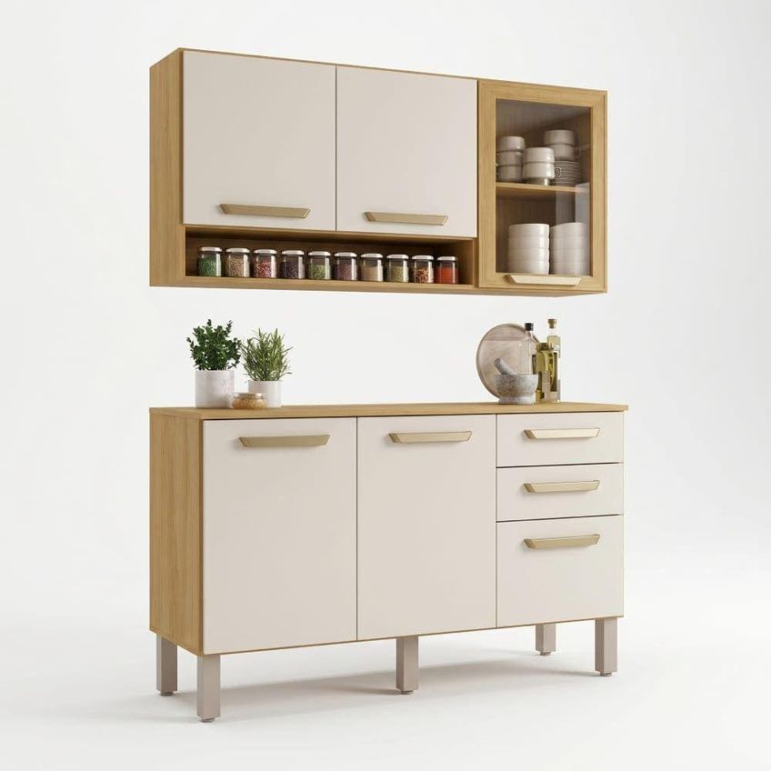 Kit Cozinha Athenas 3 Portas 2 Gavetas Mdf-mdp 110cm Cinamomo Off White - imagem 3
