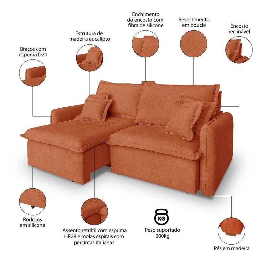 Sofá Com Chaise Malta 4 Lugares Retrátil E Reclinável 240cm Terracota - imagem 3