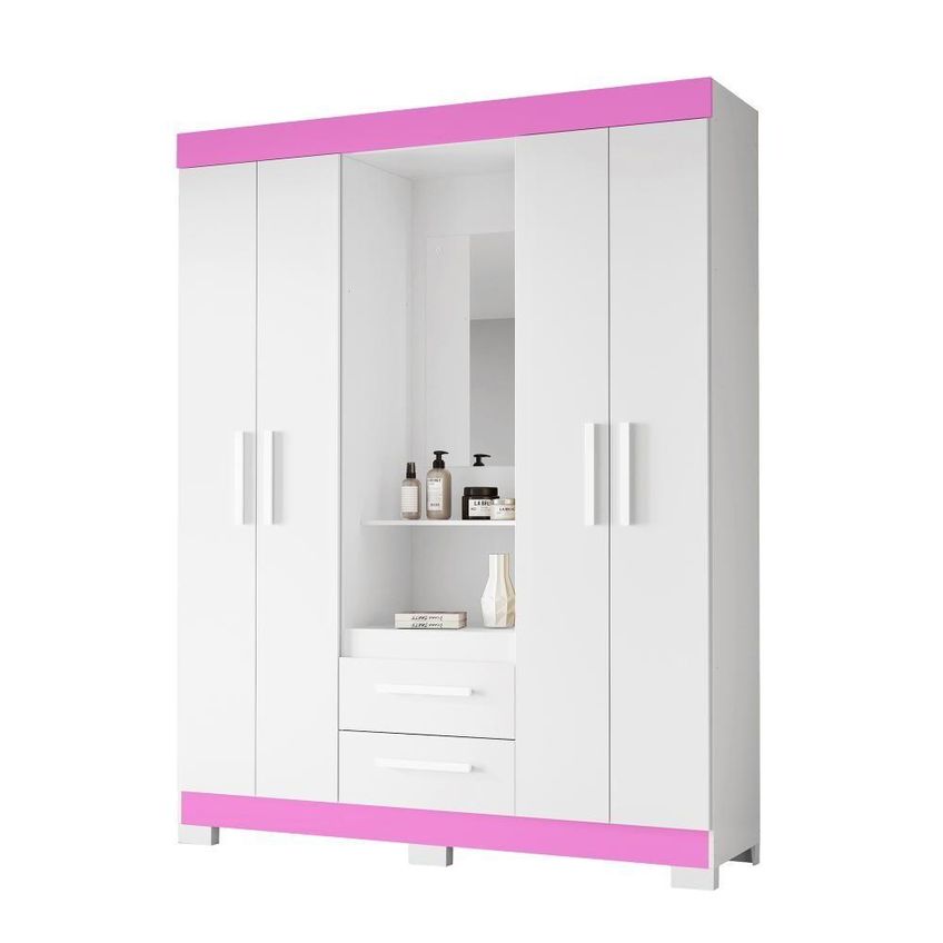 Guarda Roupa Solteiro E Closet Capelinha 4 Portas De Bater Mdf-mdp Com Espelho Branco-rosa Notável - imagem 3
