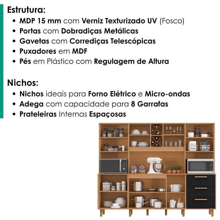Kit Cozinha Polar 8 Portas 3 Gavetas MDP 242cm Cinamomo Preto Zanz - imagem 3