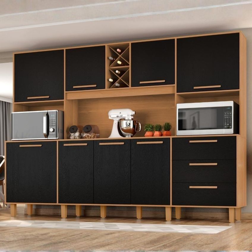 Kit Cozinha Polar 8 Portas 3 Gavetas MDP 242cm Cinamomo Preto Zanz - imagem 4