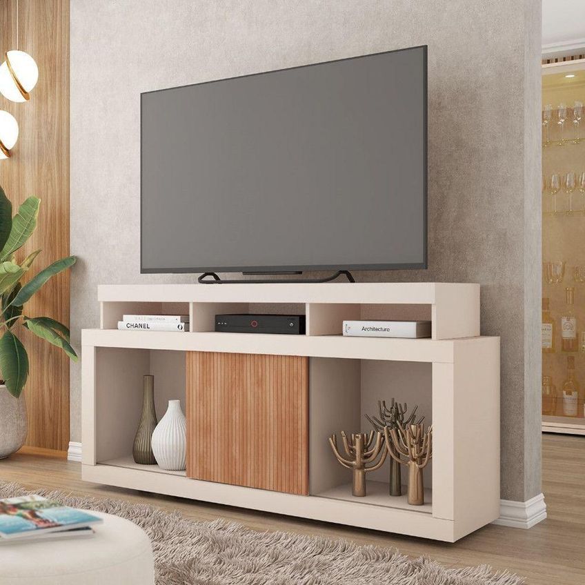 Rack Com Mesa De Apoio Frost Para Tv 55" Em Mdf Mdp Off White Freijo Caemmun Móveis - imagem 4