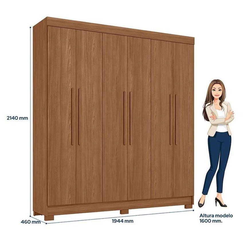 Guarda Roupa Casal Toledo 6 Portas De Bater 6 Gavetas Mdp Cômoda 1 Porta Jatobá Acetinado Santos - imagem 5