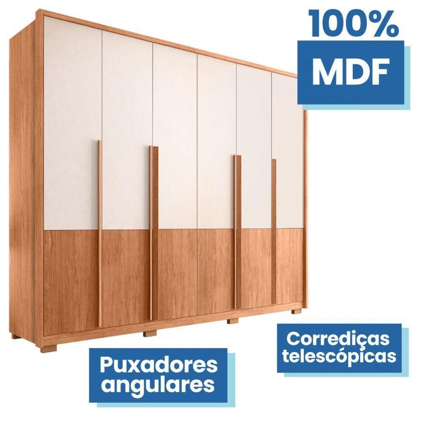 Guarda Roupa Casal Cloe 6 Portas Giratórias 4 Gavetas Freijó Off White Caemmun Móveis - imagem 3