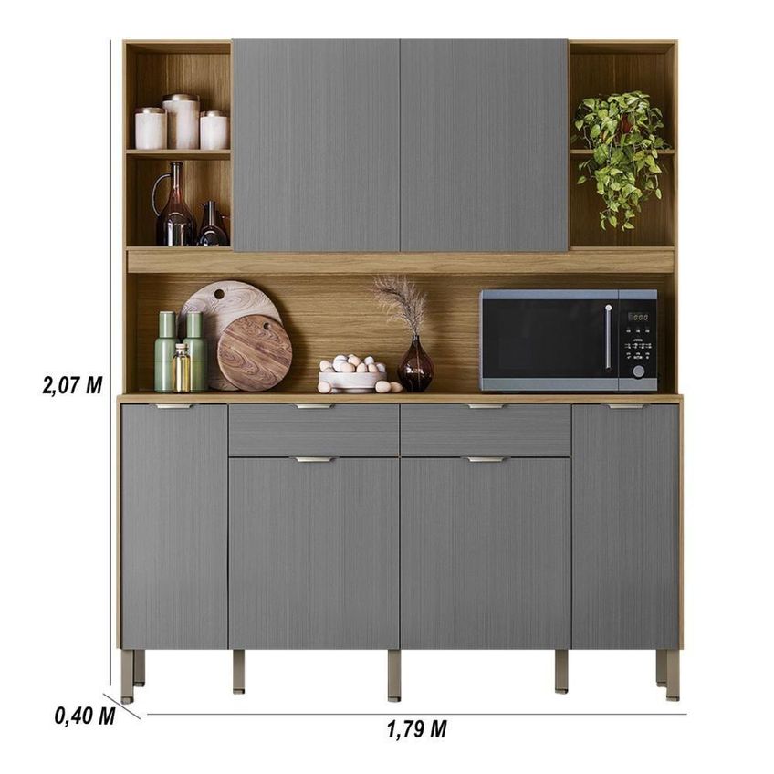 Armário De Cozinha Botanika 6 Portas 2 Gavetas MDF-MDP 179cm Freijó-Gris Kit's Paraná - imagem 3