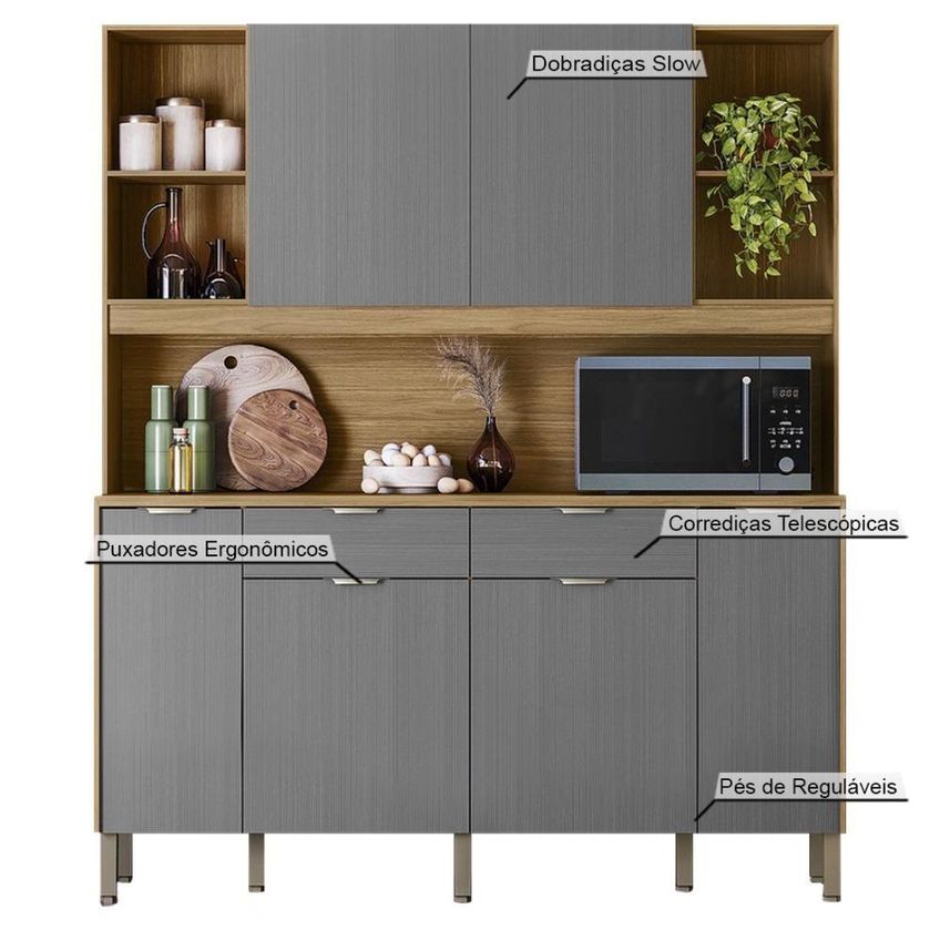 Armário De Cozinha Botanika 6 Portas 2 Gavetas MDF-MDP 179cm Freijó-Gris Kit's Paraná - imagem 4