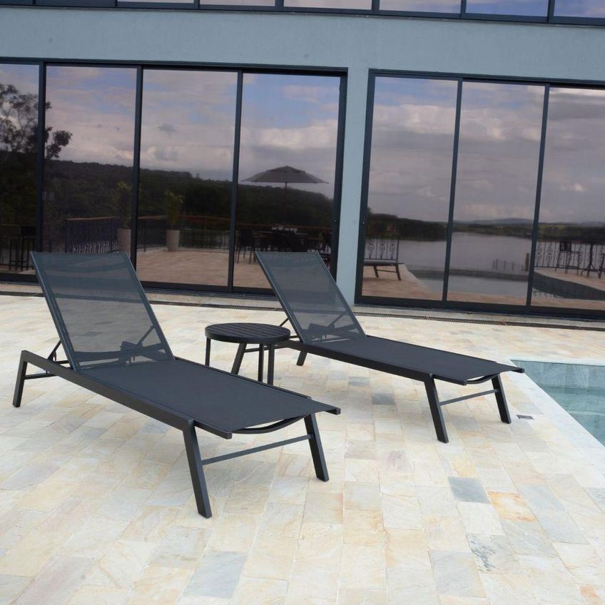 Kit Relax 2 Espreguiçadeiras Piscina Reclináveis Alumínio Com Mesa Centro Verona Preto Nossa Kasa - imagem 3