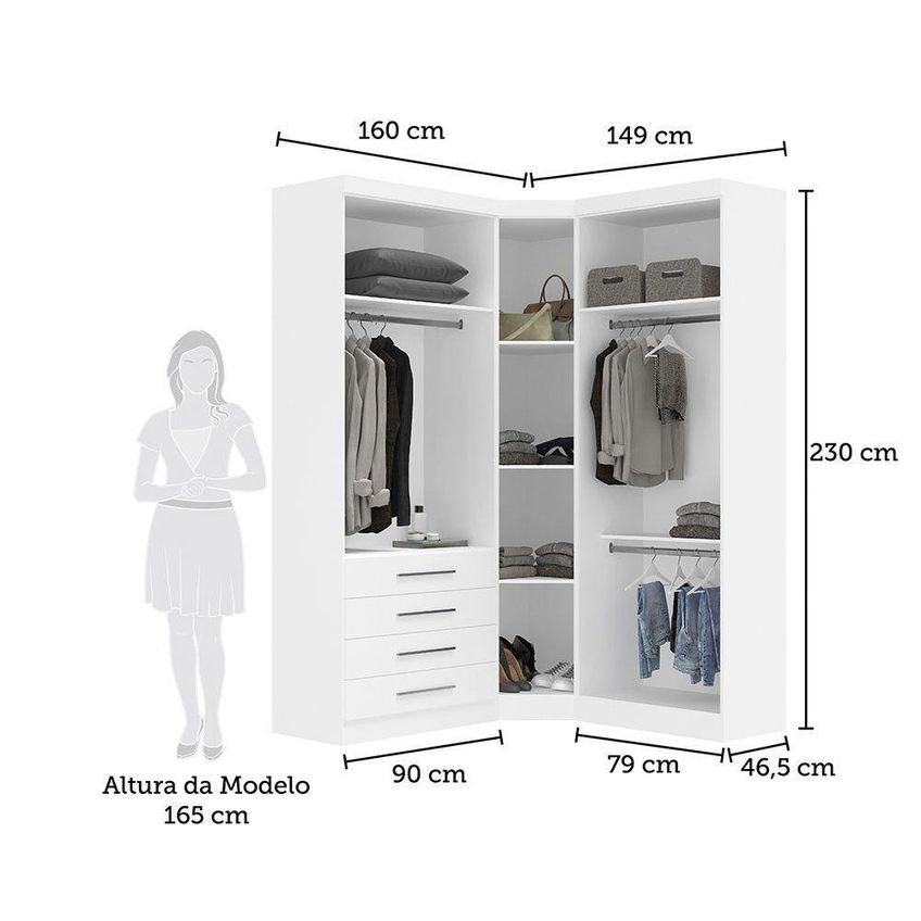 Guarda Roupa De Canto Alpes 5 Portas 4 Gavetas MDP Branco PF-Branco PF Luciane Móveis - imagem 3