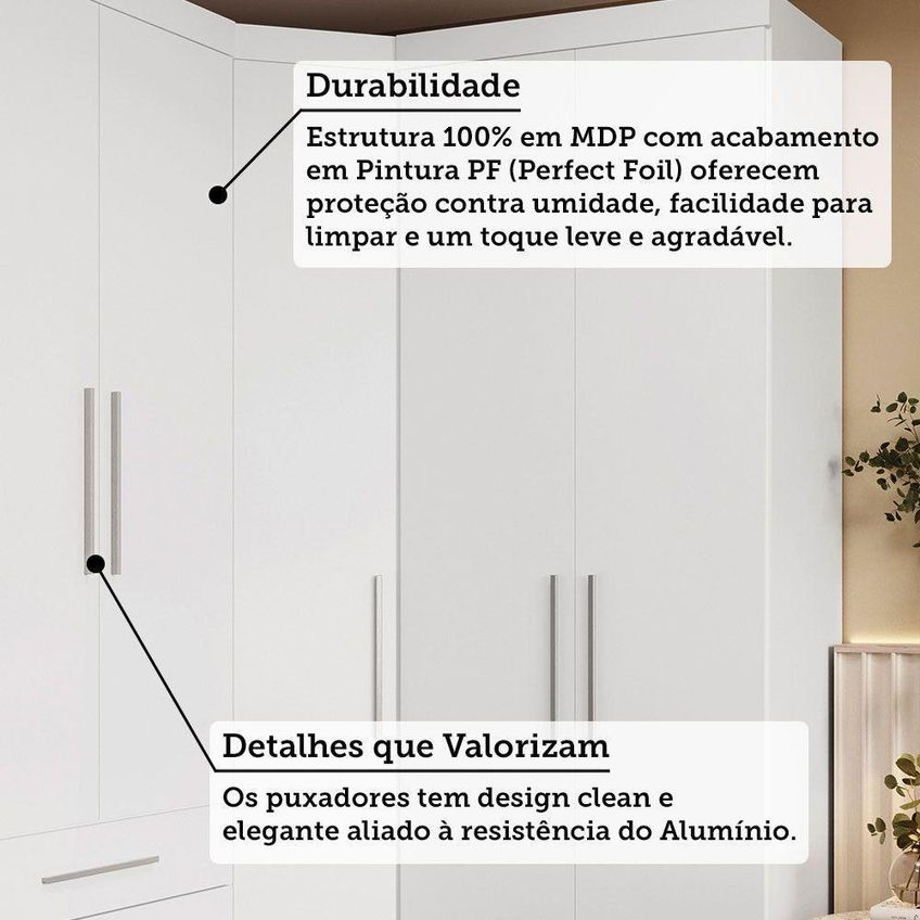 Guarda Roupa De Canto Alpes 5 Portas 4 Gavetas MDP Branco PF-Branco PF Luciane Móveis - imagem 4