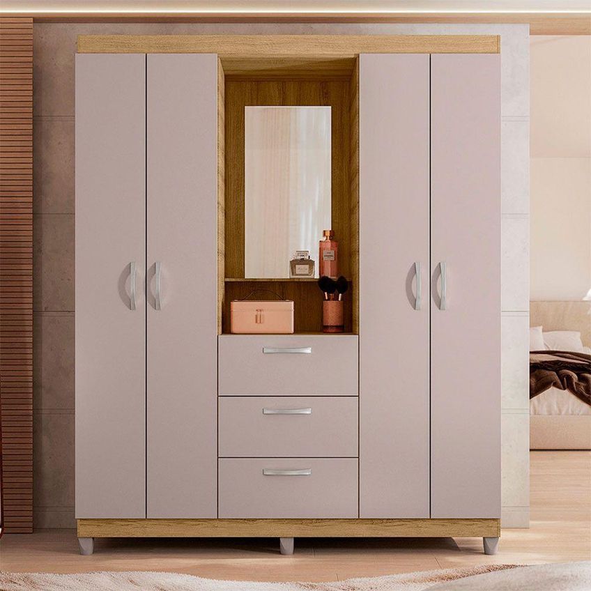 Guarda Roupa Com Espelho Mobi 4 Portas De Bater 3 Gavetas Branco Caemmun Móveis - imagem 2