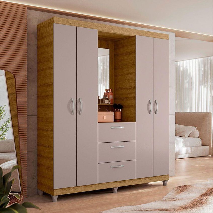 Guarda Roupa Com Espelho Mobi 4 Portas De Bater 3 Gavetas Branco Caemmun Móveis - imagem 4