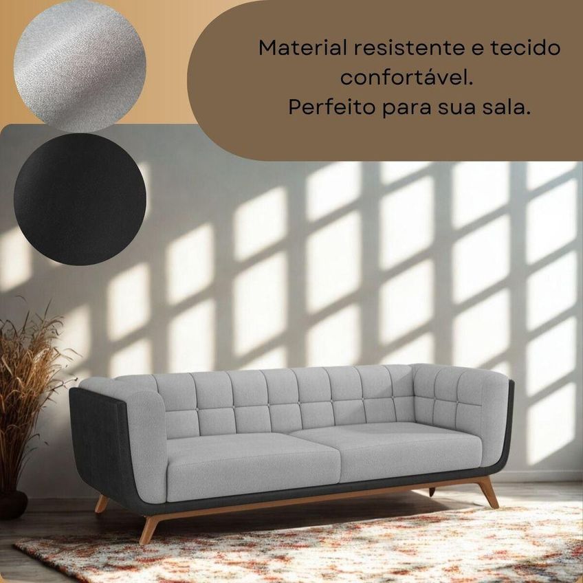 Sofá Madri 2 Lugares 180cm Cinza Linho Courino Preto Pés Madeira Divani - imagem 4