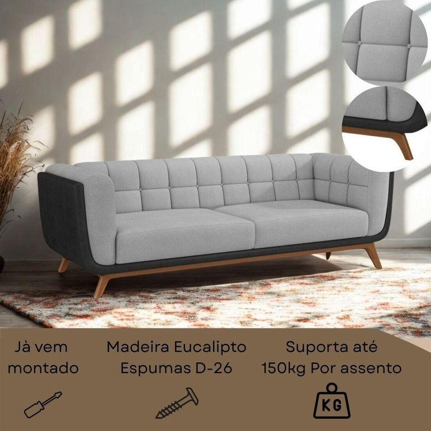 Sofá Madri 2 Lugares 180cm Cinza Linho Courino Preto Pés Madeira Divani - imagem 5