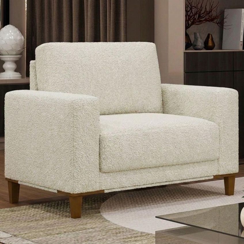 Poltrona Decorativa Oásis Boucle Pes Madeira Estofamento Conforto Milani Movelaria - imagem 3