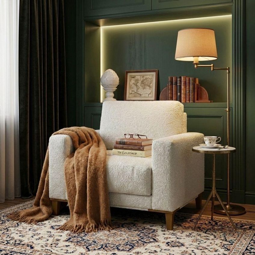 Poltrona Decorativa Oásis Boucle Pes Madeira Estofamento Conforto Milani Movelaria - imagem 5