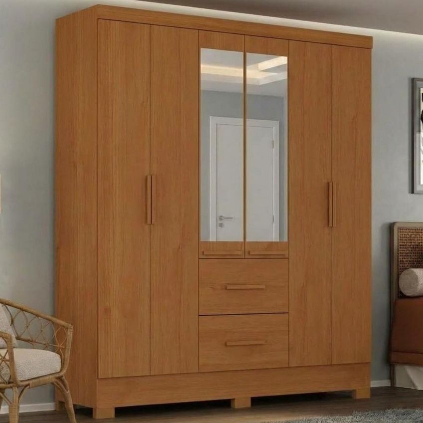Guarda Roupa Casal Primor 6 Portas De Bater 2 Gavetas Mdp Espelho Cinamomo Milani Movelaria - imagem 3