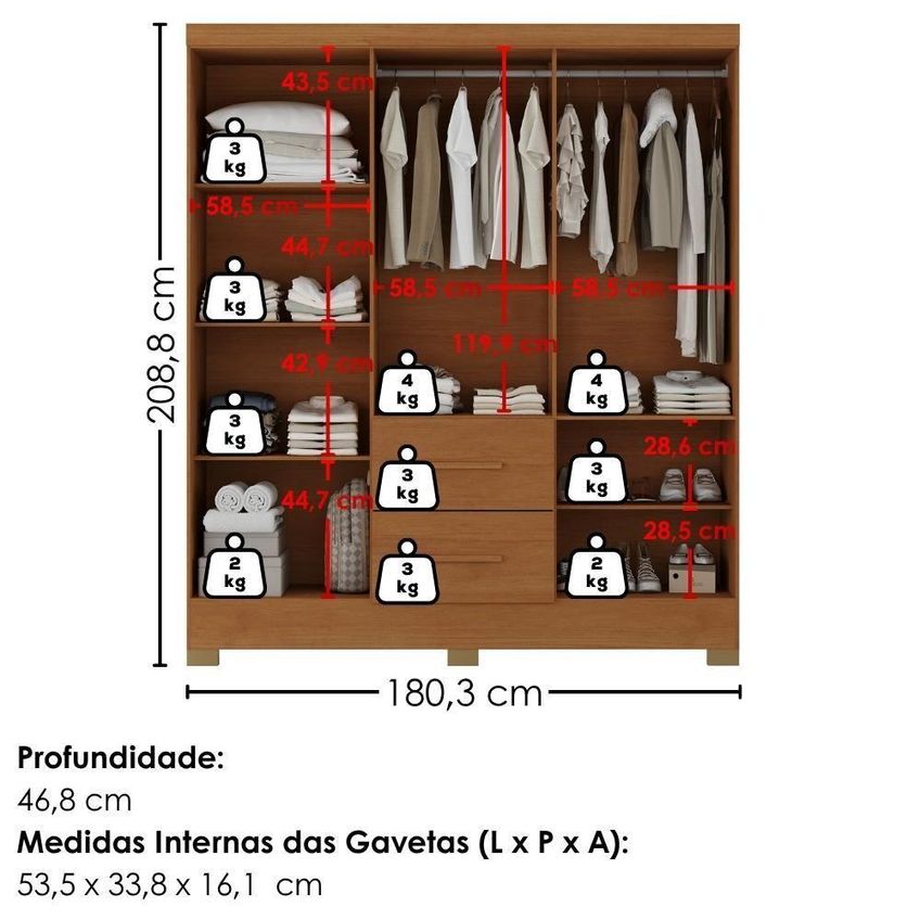 Guarda Roupa Casal Primor 6 Portas De Bater 2 Gavetas Mdp Espelho Cinamomo Milani Movelaria - imagem 4