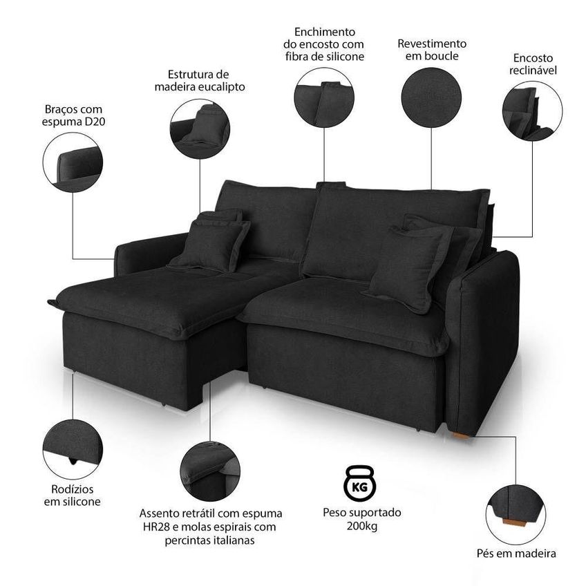 Sofá Malta 3 Lugares Retrátil E Reclinável 220cm Preto Bouclé Lucadi - imagem 4