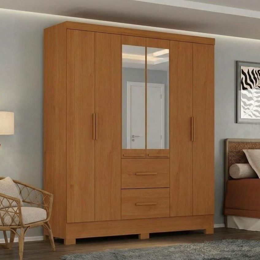 Guarda Roupa Casal Primor 6 Portas De Bater 2 Gavetas Mdp Espelho Cinamomo Milani Movelaria - imagem 5