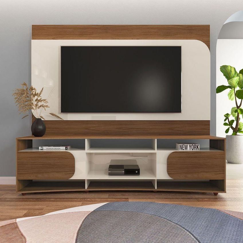 Conjunto Sala Rack Painel E Buffet Aparador 86" 4 Portas MDF-MDP Cedro-Off White Artely - imagem 5
