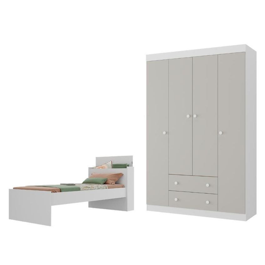 Conjunto De Quarto Lira Com Cama Solteiro E Guarda Roupa 4 Portas 2 Gavetas Mdp Branco Multimóveis - imagem 3