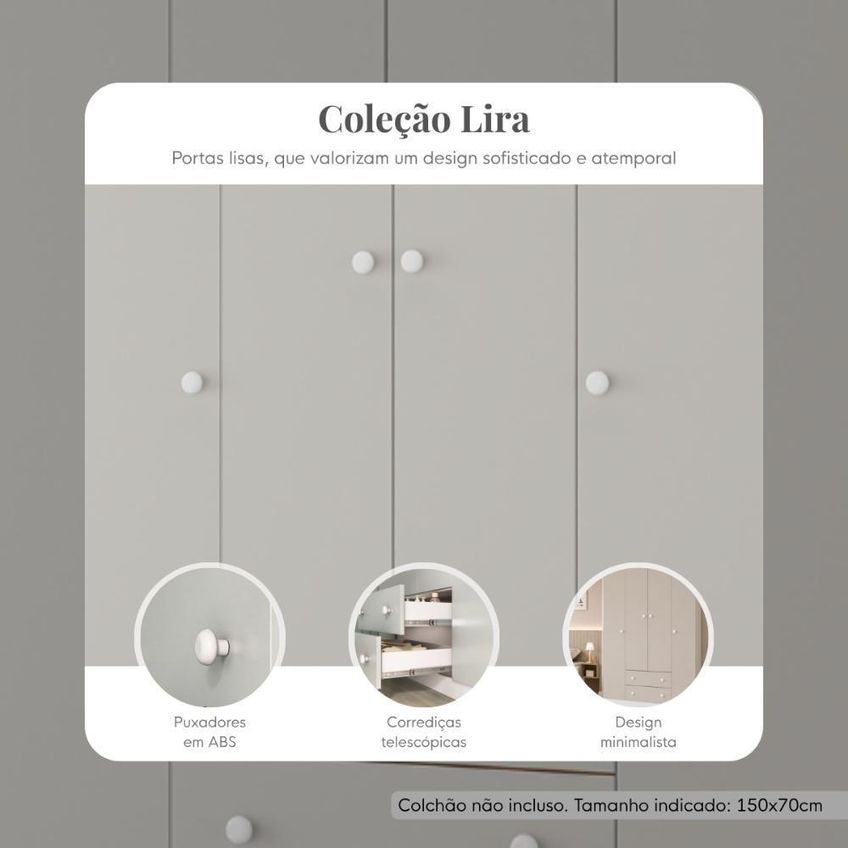 Conjunto De Quarto Lira Com Cama Solteiro E Guarda Roupa 4 Portas 2 Gavetas Mdp Branco Multimóveis - imagem 5