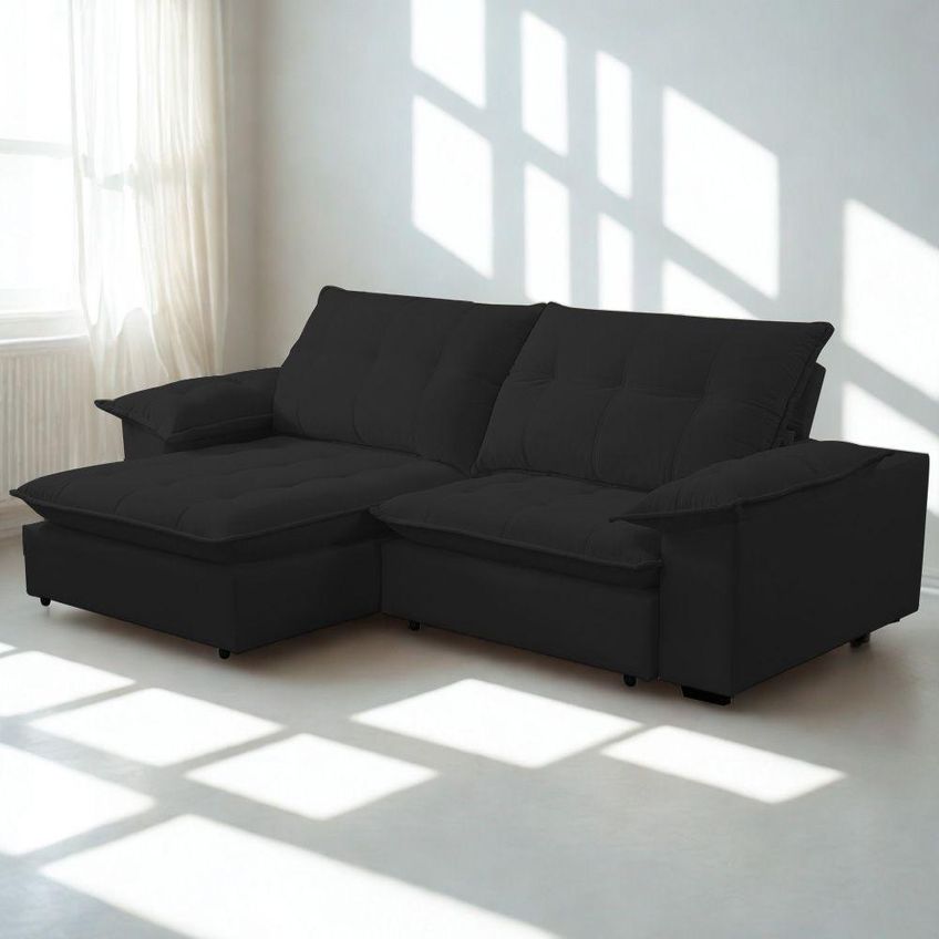 Sofá Com Chaise Lisboa 3 Lugares Retrátil E Reclinável 240cm Preto Lansof Brasil - imagem 3
