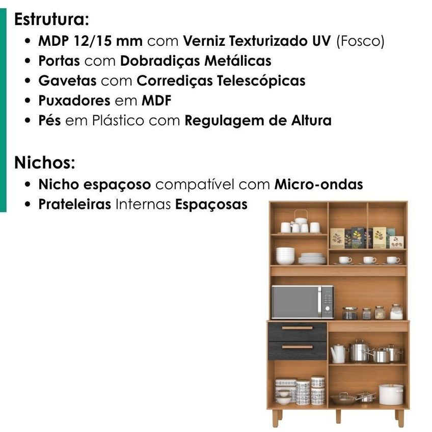 Kit Cozinha Prisma 6 Portas 2 Gavetas Mdp 120cm Cinamomo Preto - imagem 3