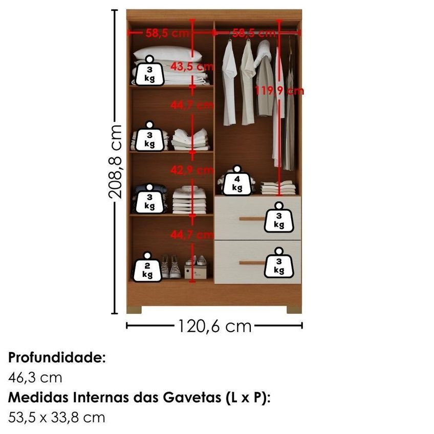 Guarda Roupa Solteiro Primor 4 Portas Bater 2 Gavetas Mdp Com Espelho Cinamomo Areia Milani - imagem 3