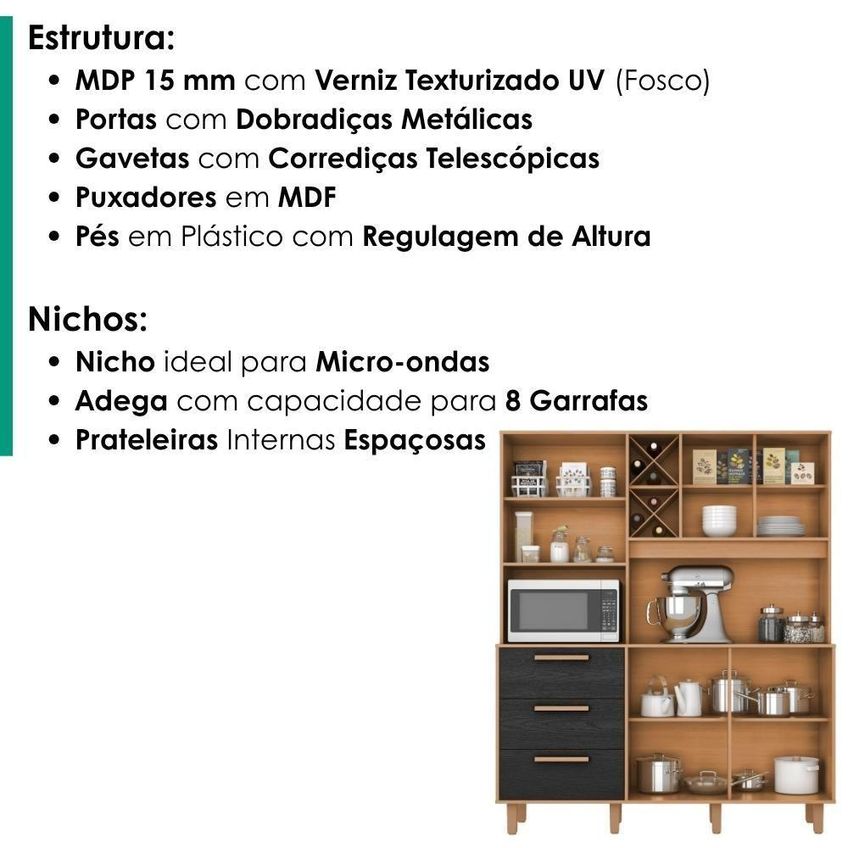 Kit Cozinha Mari 5 Portas 3 Gavetas MDP Cinamomo Preto Milani Moveleira - imagem 3