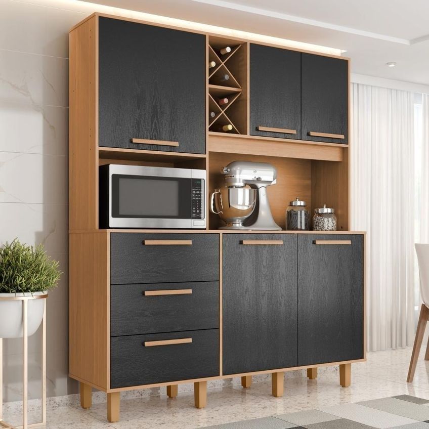Kit Cozinha Mari 5 Portas 3 Gavetas MDP Cinamomo Preto Milani Moveleira - imagem 4
