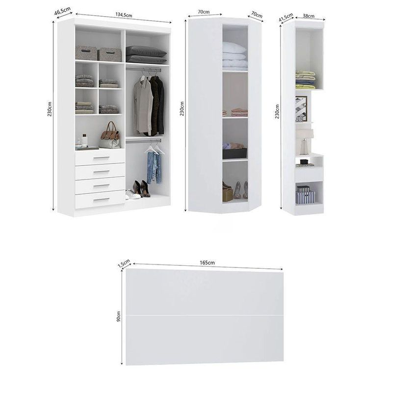 Quarto Composto Alpes 6 Portas 5 Gavetas Mdp 134,50cm Branco Com Guarda Roupa E Cabeceira Luciane - imagem 3