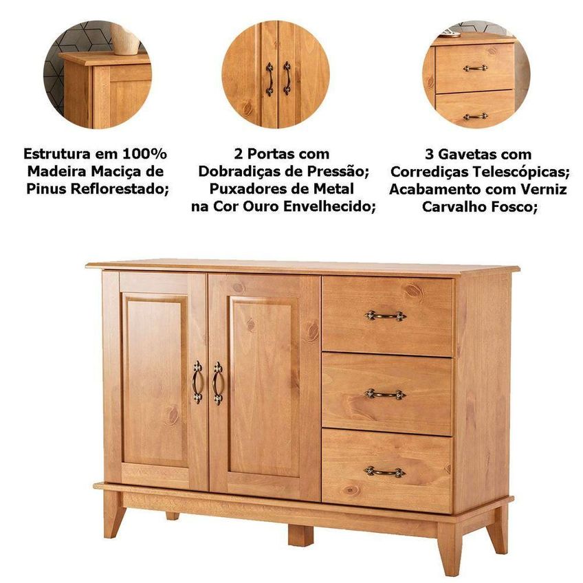 Kit Balcão Buffet E Aparador Stella 4 Portas 4 Gavetas Madeira Maciça Fosco Carvalho MPO Móveis - imagem 3