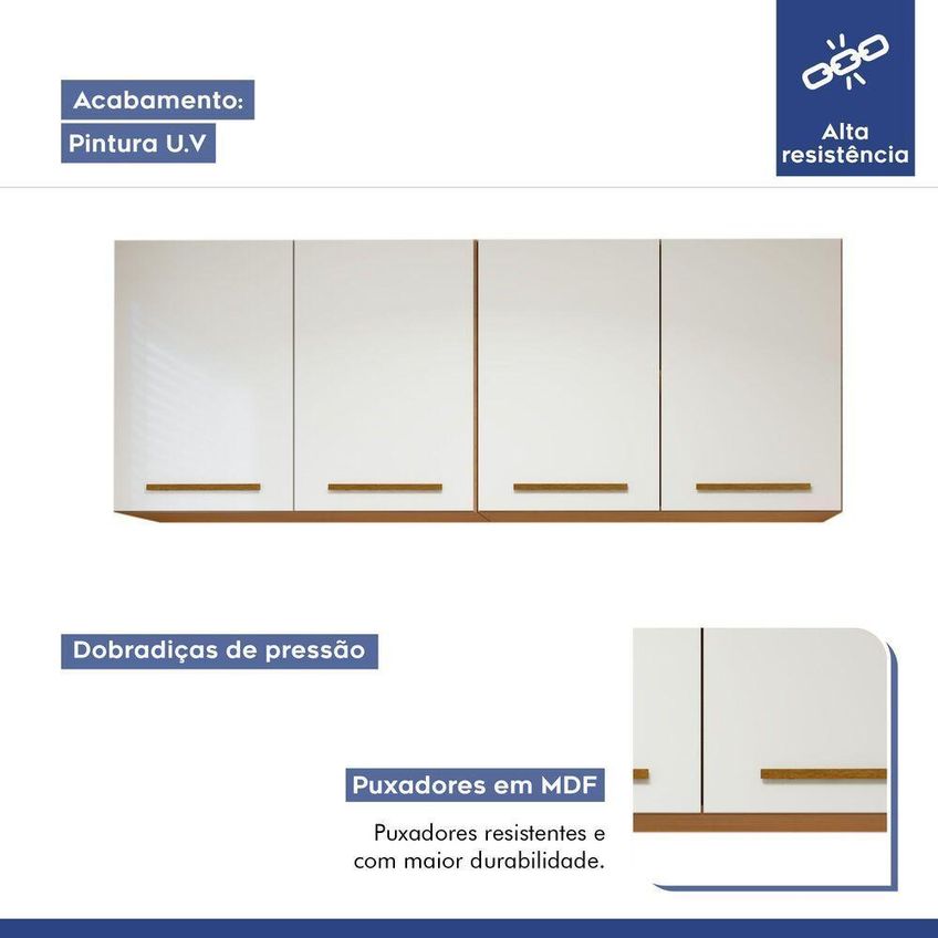 Armário Aéreo Guarapari 4 Portas 2 Prateleiras MDP 160cm Branco - imagem 3