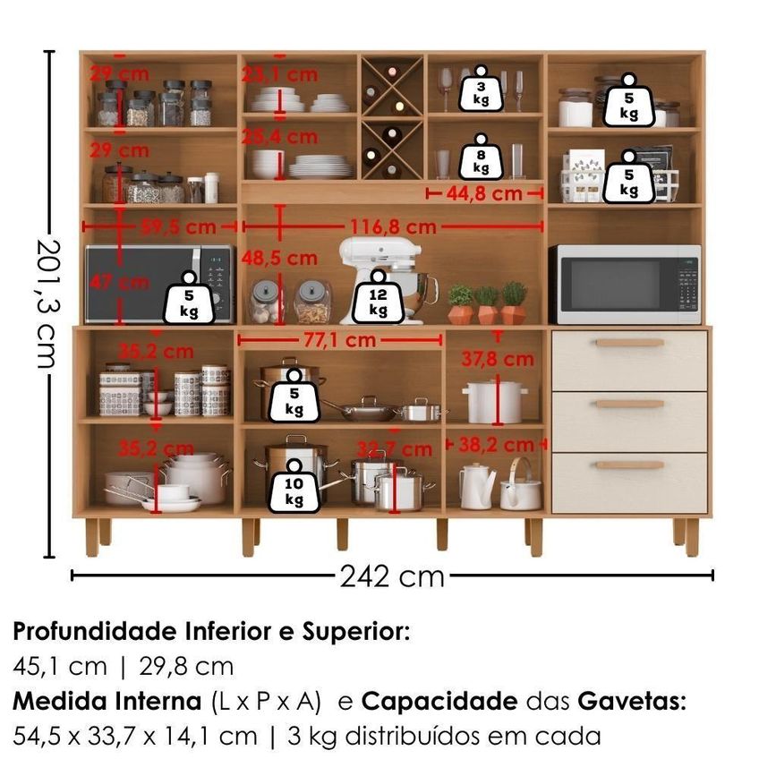 Kit Cozinha Polar 8 Portas 3 Gavetas MDP 242cm Cinamomo Areia Milani - imagem 4