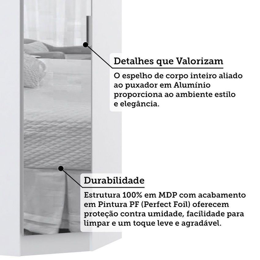 Guarda Roupa De Canto Alpes 1 Porta Com Espelho MDP Branco PF Luciane Móveis 70cm - imagem 4